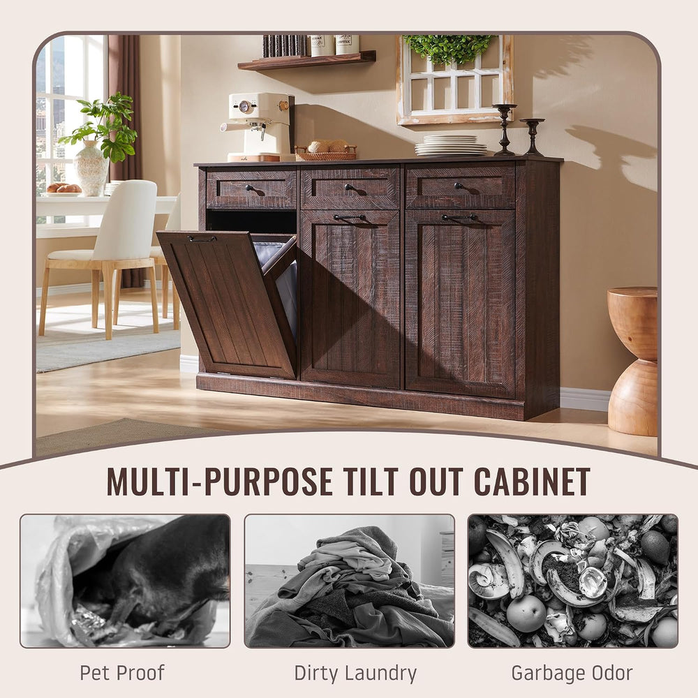 IFBUY Triple Tilt Out Laundry Hamper Cabinet, Trash Cabinet, Brown