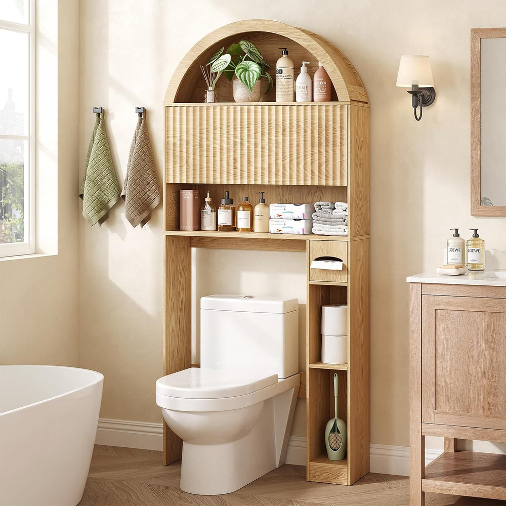 31" W Arched Over The Toilet Storage Cabinet, Fluted Doors, Natural