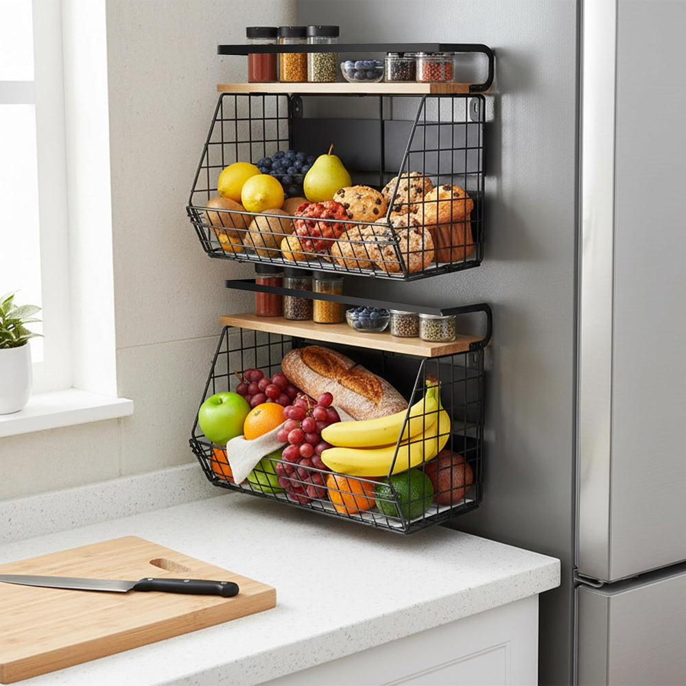 Relaxdays Wall-Mounted Fruit Basket Set of 2, Magnetic Kitchen Organiser, HWD...