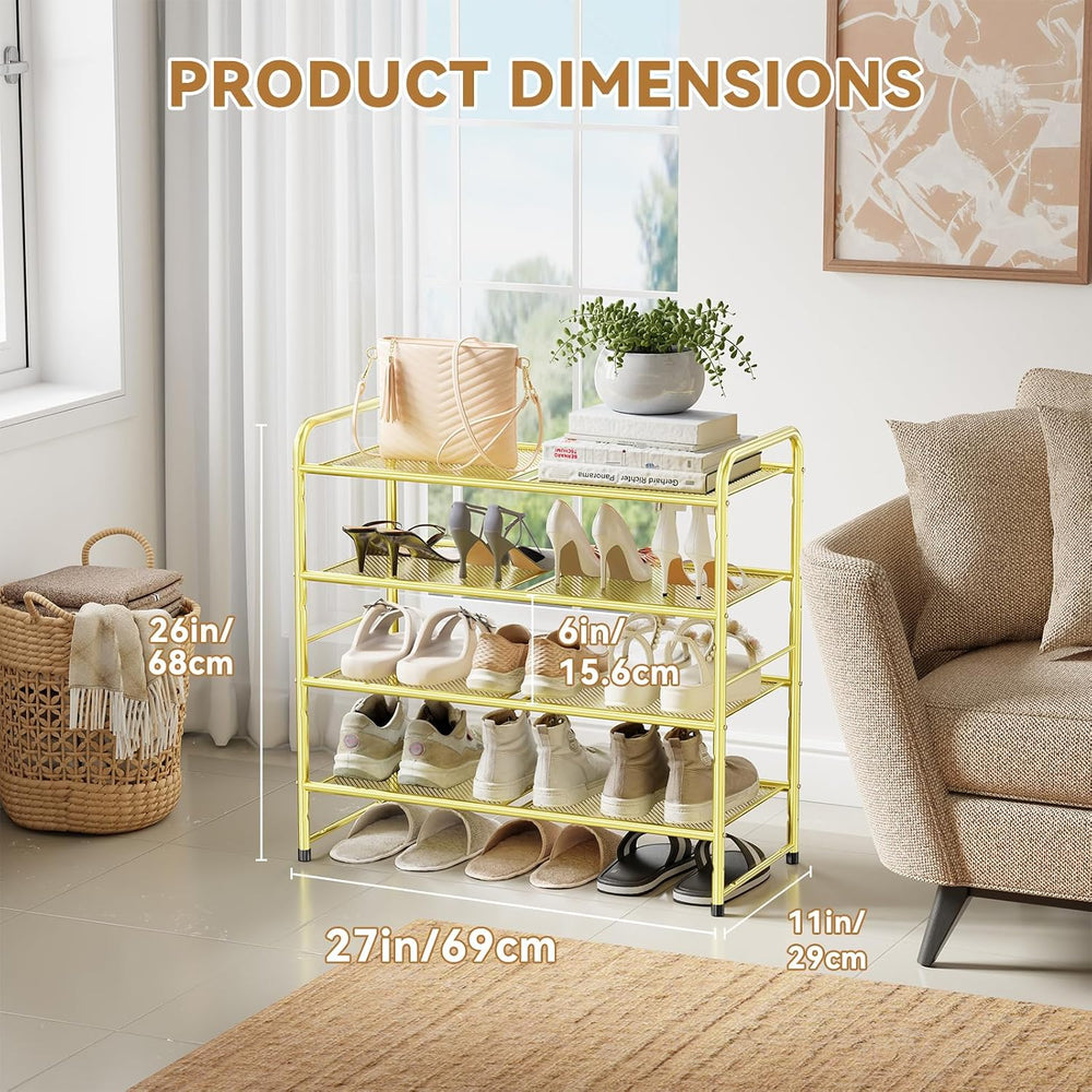 Modern Shoe Rack, 4 Tier Heavy Duty Metal Mesh Shoe Shelf 27 Inch Wide, Gold