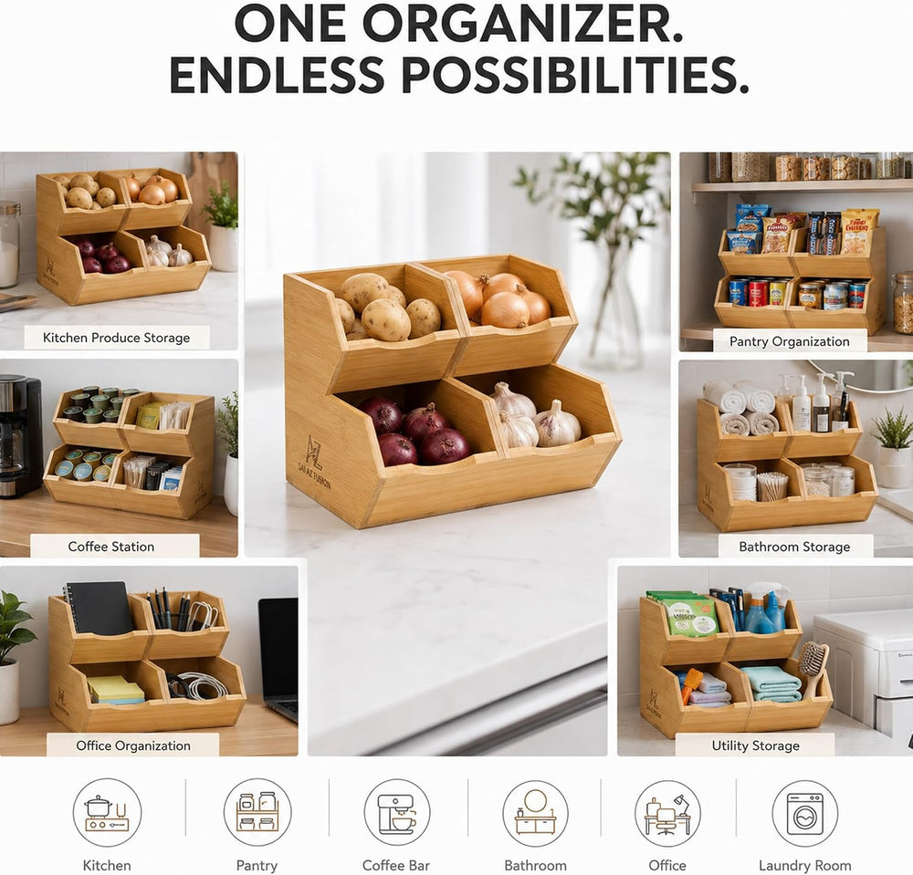 Bamboo Pantry Storage Bins - Set of 4 (2 Large, 2 Small) Stackable Potato and...