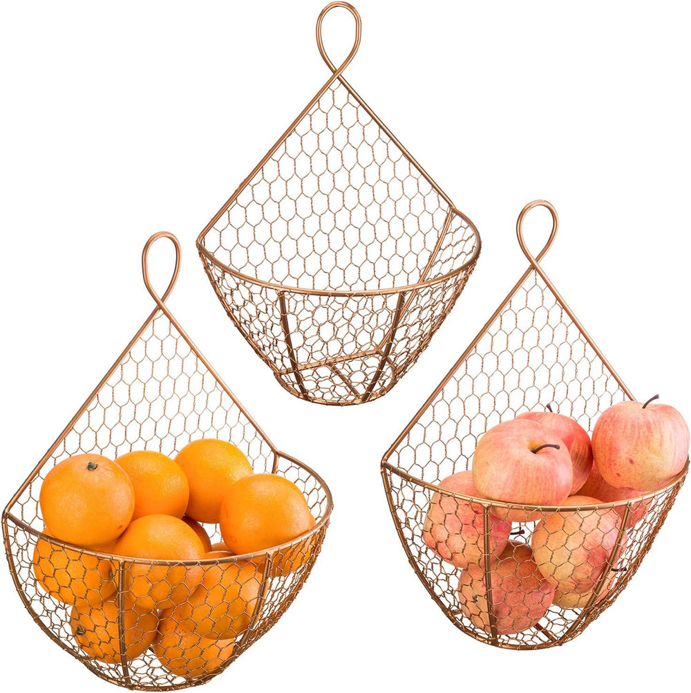 MyGift Set of 3, Farmhouse Copper Metal Wire Mesh Wall Hanging Baskets, Wall-...