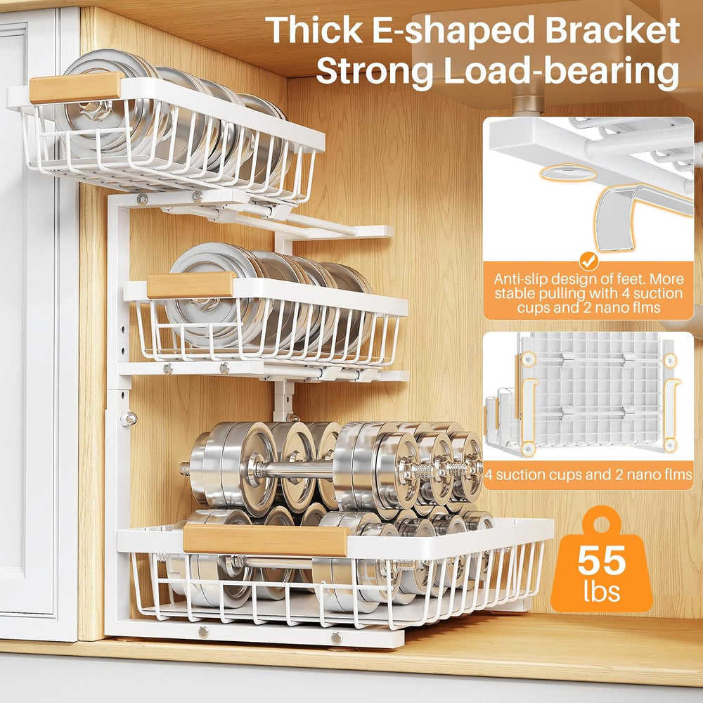 PXRACK Under Sink Organizer, 2-Pack 3-Tier Height Adjustable Thickened Metal ...