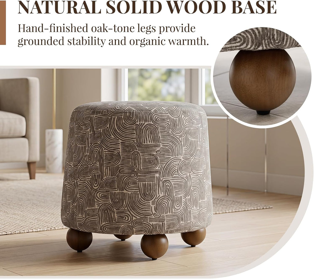 Hyfirm Round Ottoman for Living Room Boho Foot Stool with Rubberwood Legs