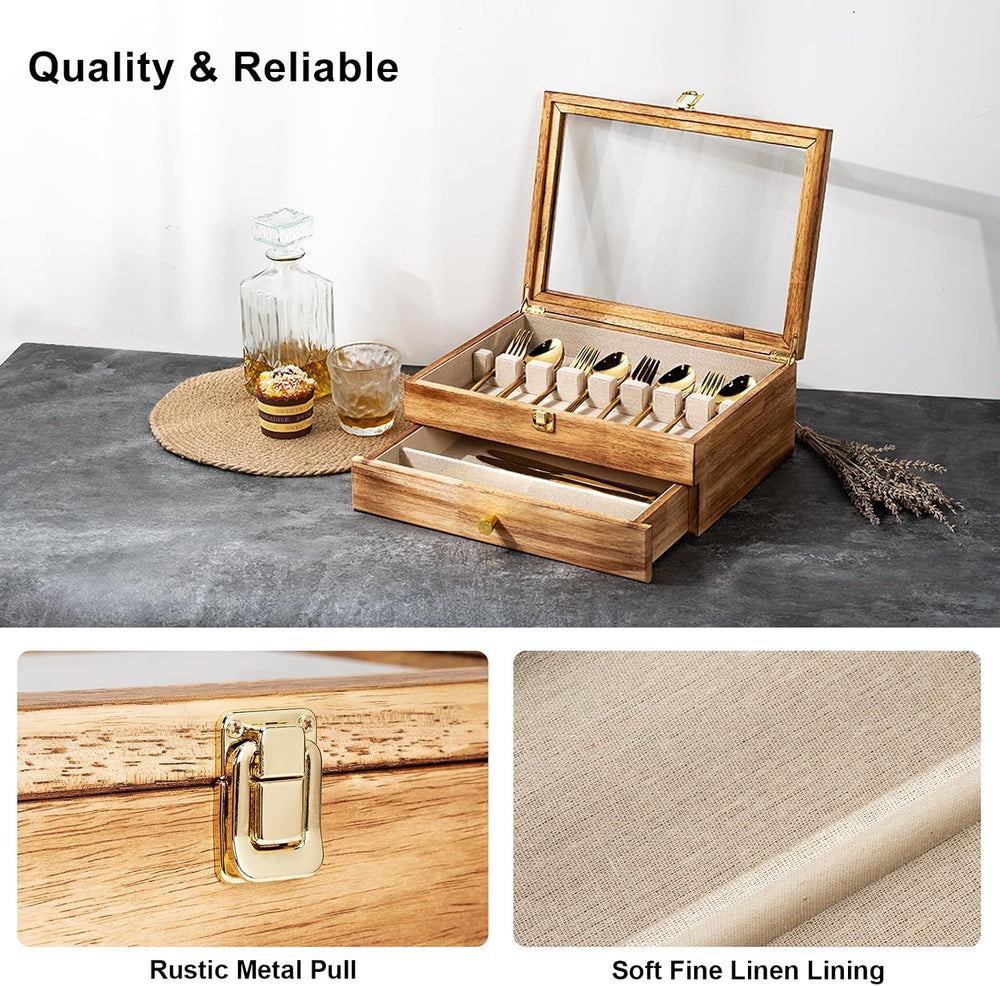 Silverware Box, 2-Layer Wooden Silverware Storage Box with Glass Lid, 14.5×10...