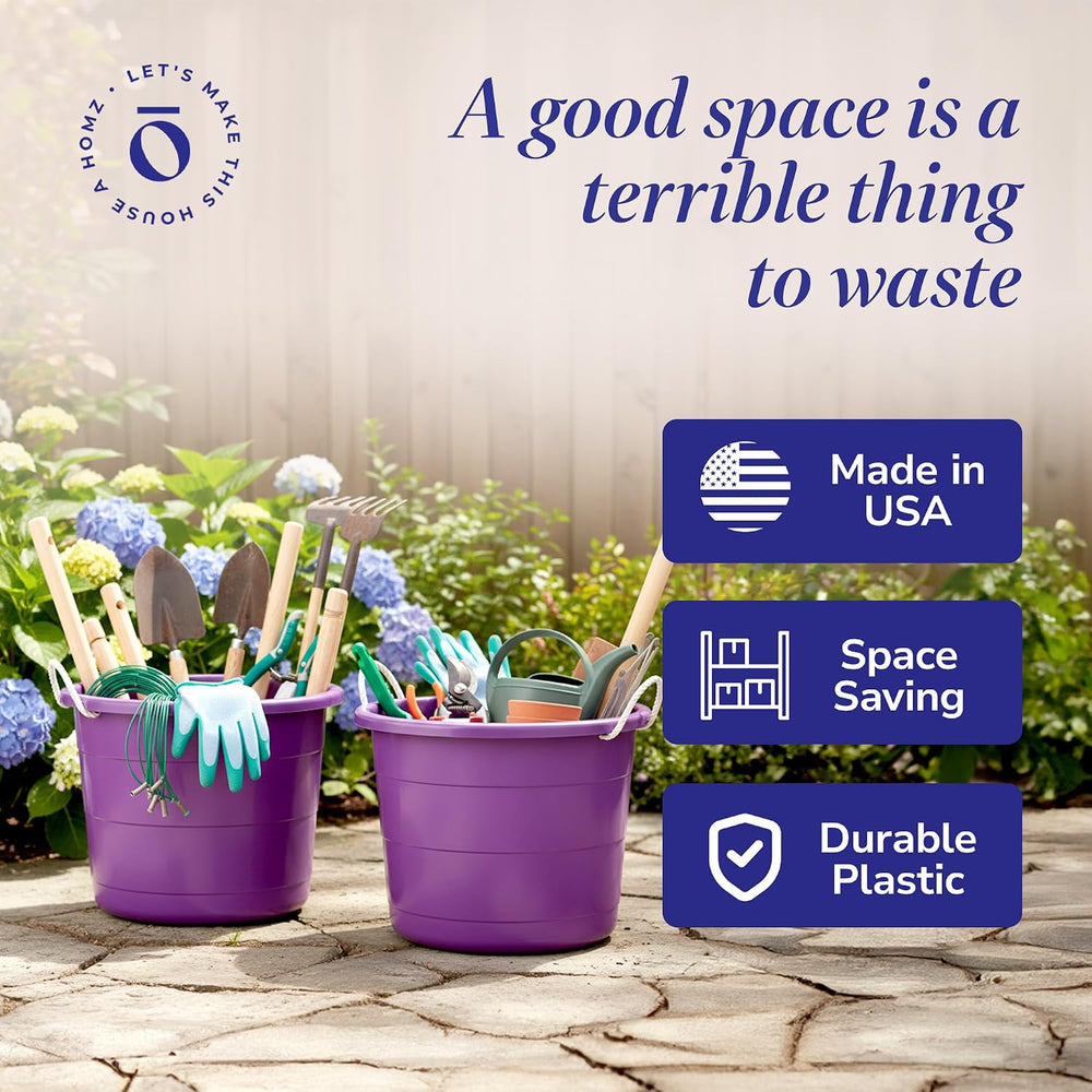 HOMZ Utility Tub, Storage Bucket with Rope Handles, 18 Gal, Purple, 2 Pack