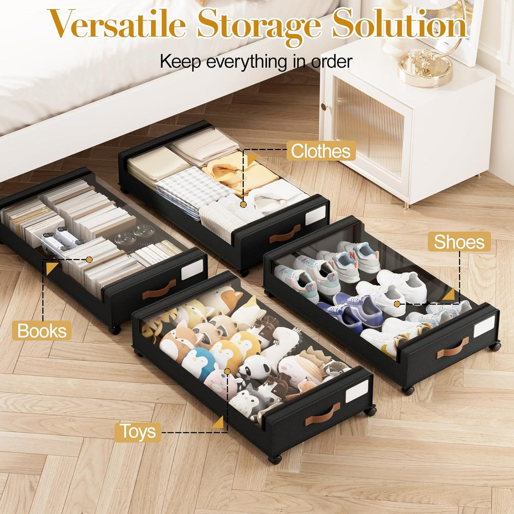 Yecaye 60L Under Bed Storage with Wheels, 4 Pack, Black