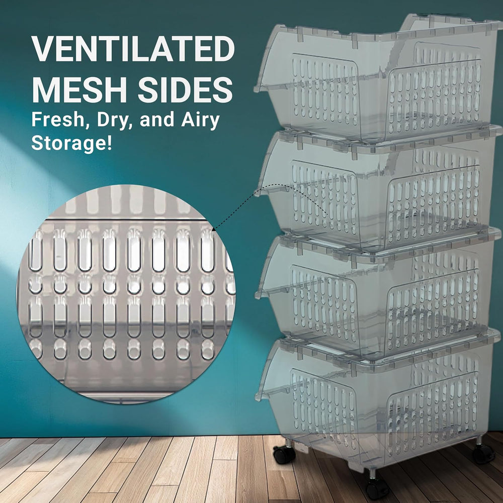 Large Stackable Storage Bins Open Front with Wheels, 4 Pack - Light Grey