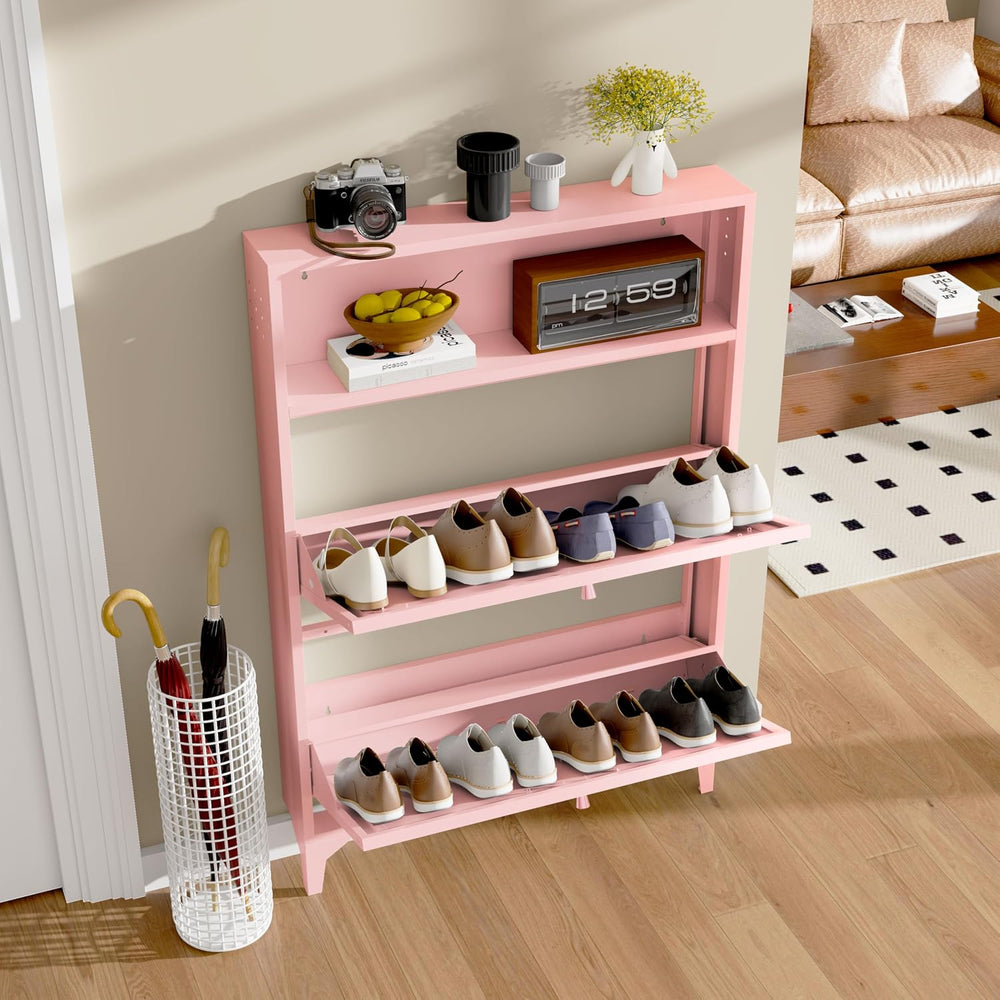 Shoe Cabinet with 2 Flip Drawers and Open Top Space-Metal Narrow Shoe Rack fo...
