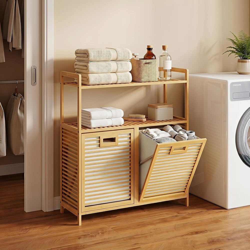 GOFLAME Bamboo Double Tilt Out Laundry Hamper Cabinet with Shelves