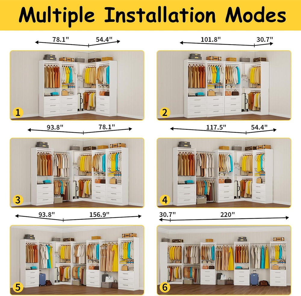 Closet System with 9 Drawers, Corner Closet Organizer System with 9 Hanging R...