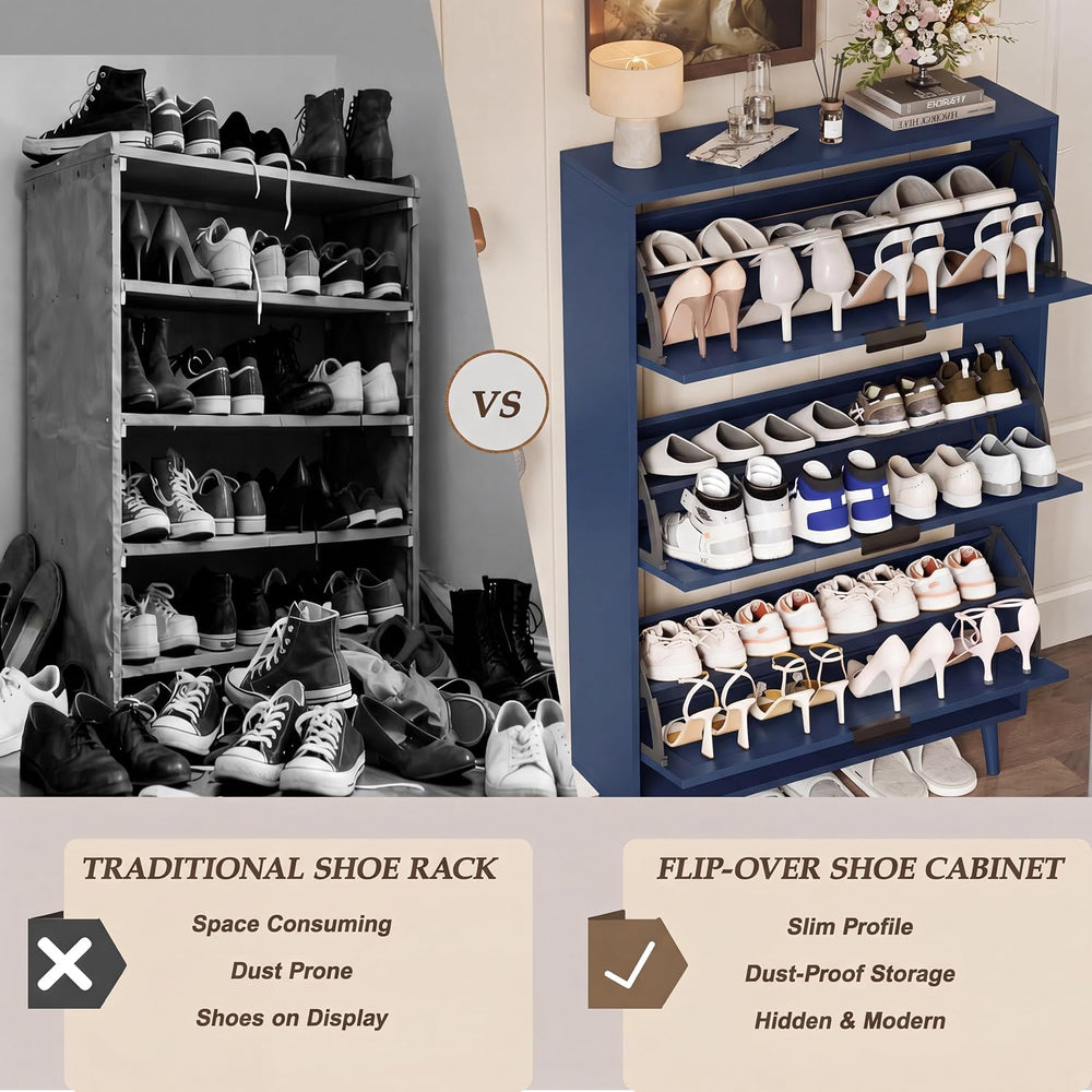 Shoe Storage Cabinet with 3 Flip Drawers, Narrow Wood Shoe Organizer Cabinet ...