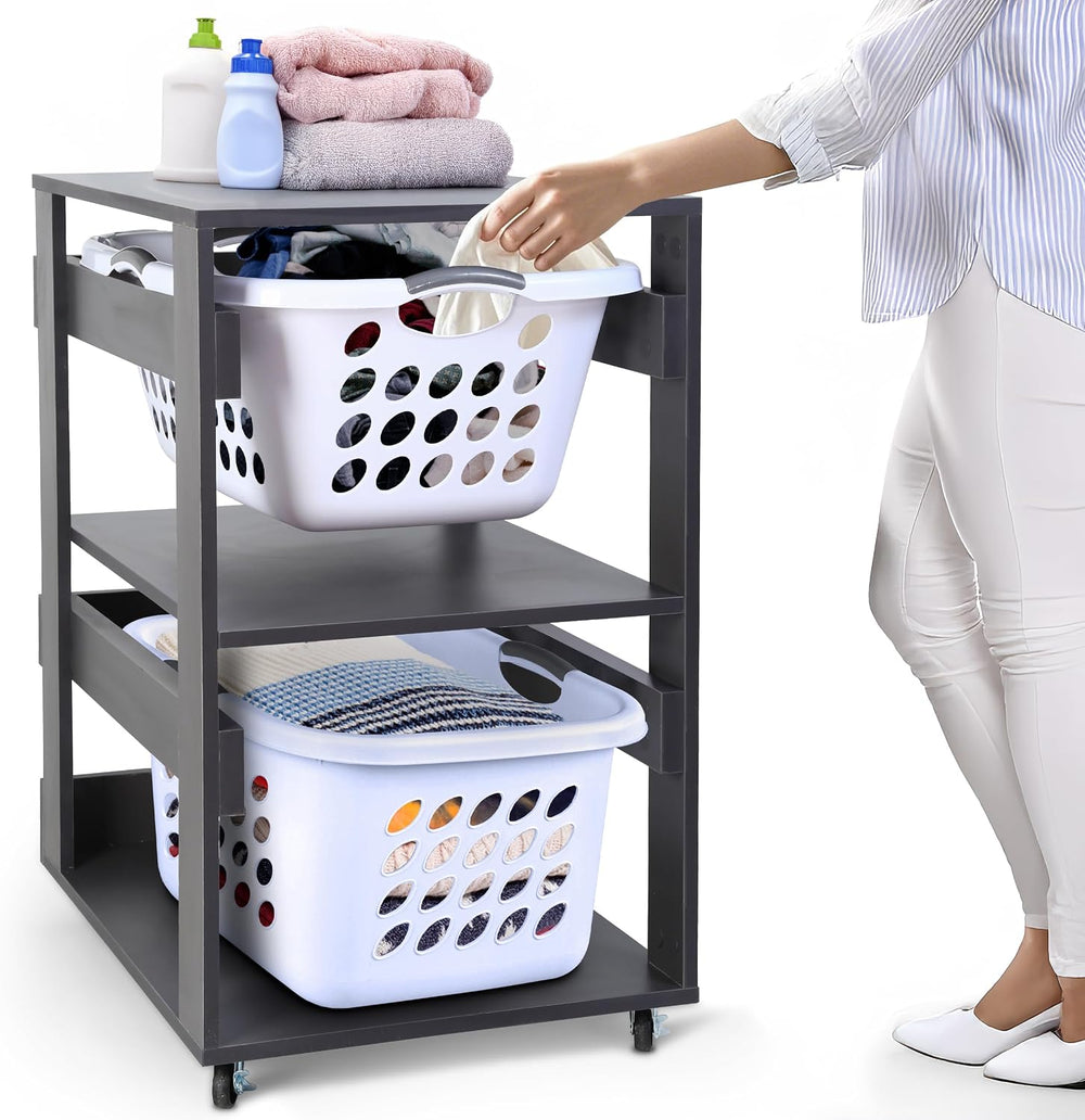 Laundry Basket Holder Shelf, Stackable Laundry Sorter (Slate Grey, 2 Tier)