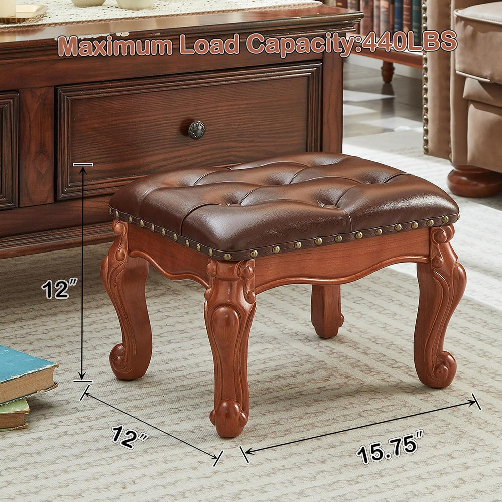 Foot Stools Ottoman, Small Vintage Leather Footstool for Living Room, Solid W...