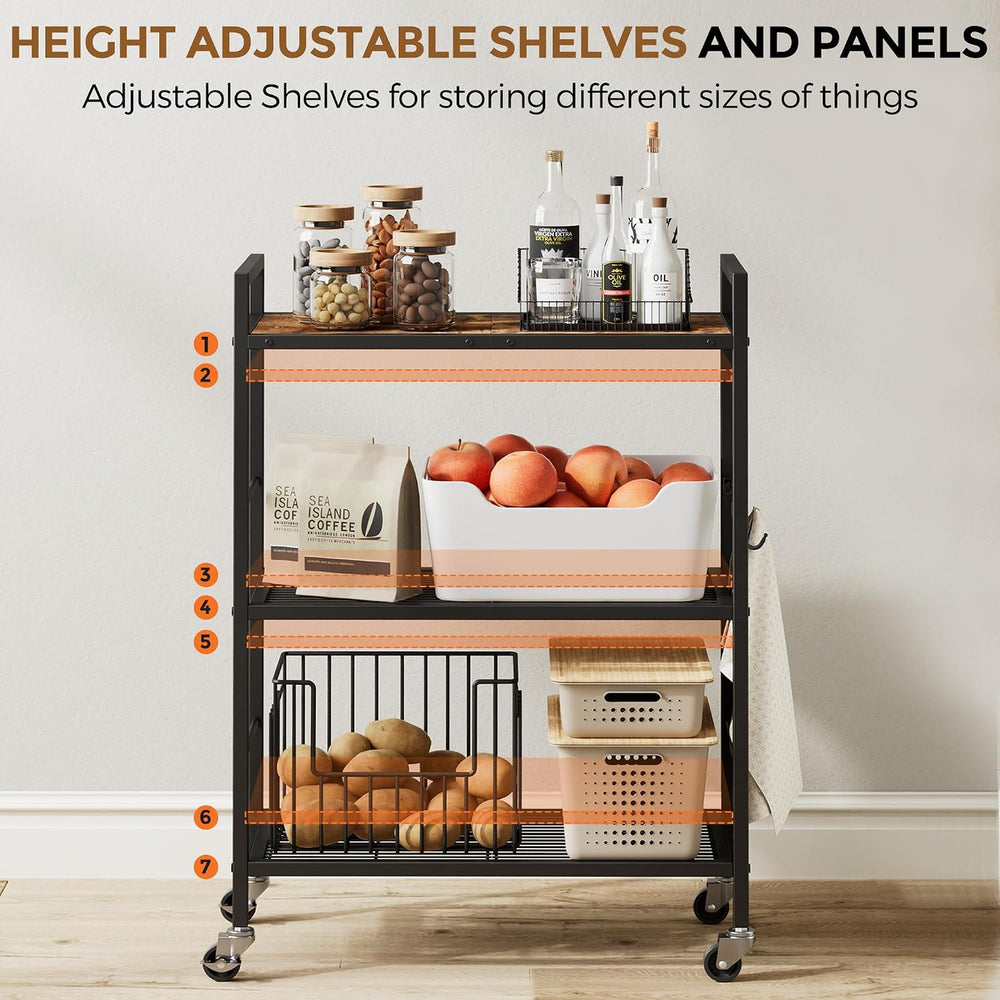 3-Tier Metal Storage Rack with Industrial Wheels,Mesh Shelving Unit with Wood...