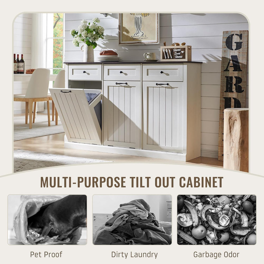 IFBUY Triple Tilt Out Laundry Hamper Cabinet, Trash Cabinet, Antique White