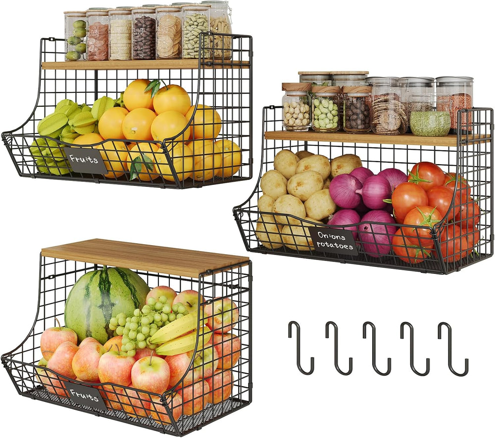 3 Pack Extra Large Fruit Basket for Kitchen with Wood Lid Nameplate - Counter...