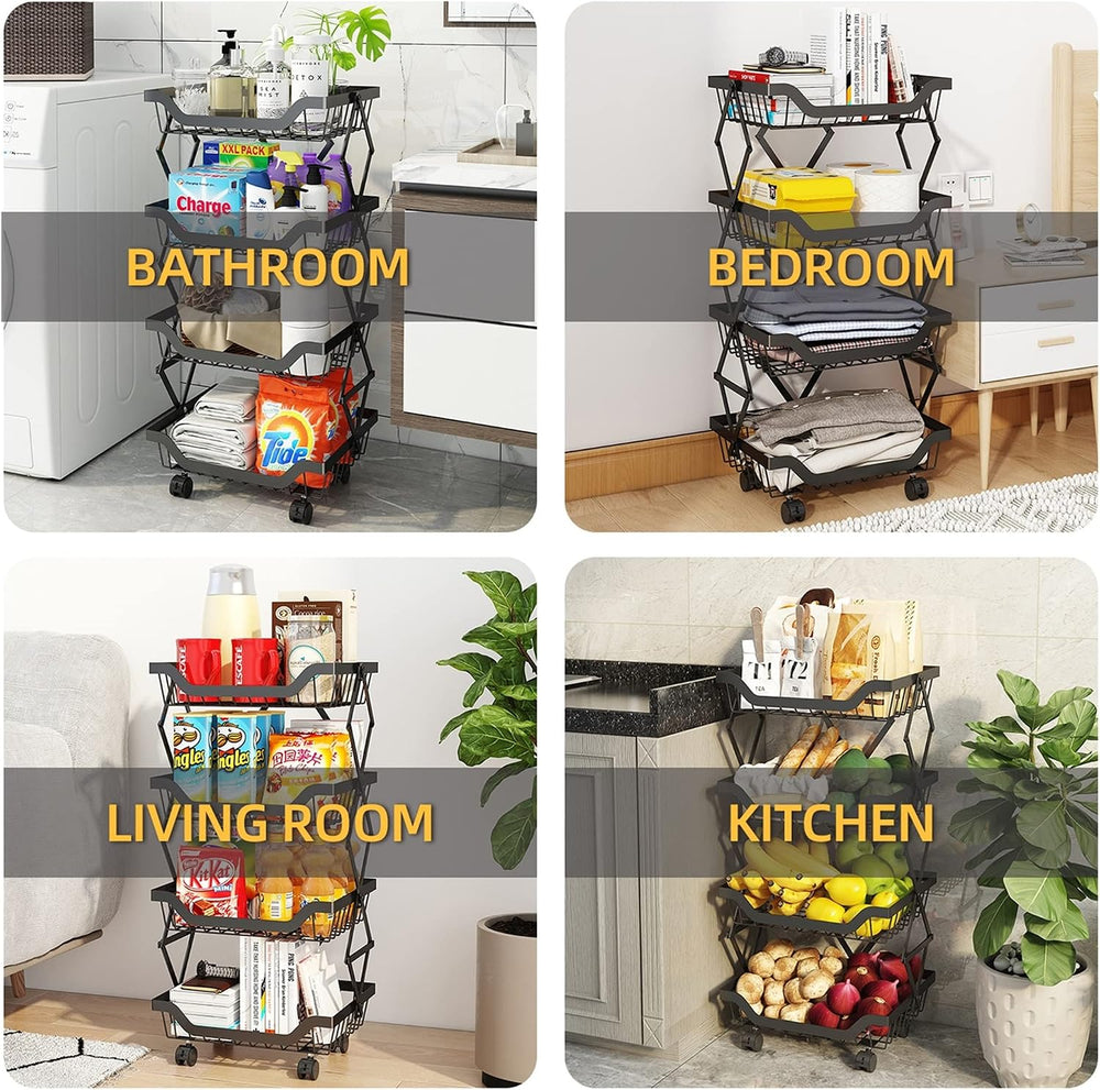 4-Tier Rolling Pantry Floor Organizer with Wheels, Foldable Fruit Vegetable S...