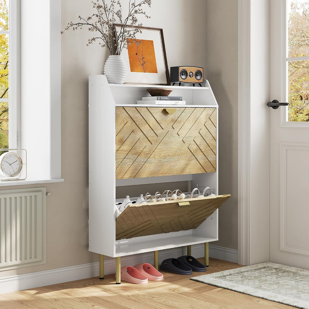 Slim Wood Color Shoe Cabinet, 2-Drawer Shoe Storage Organizer with Adjustable...
