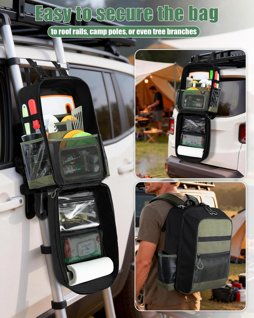 Marscamd Camp Kitchen Organizer Backpack with Paper Towel Holder, Black