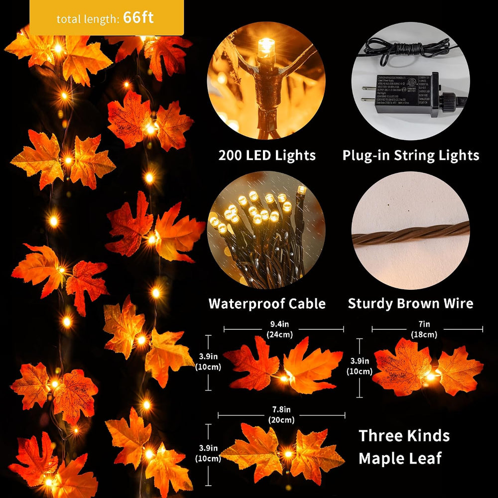 66ft Maple Leaves 200LED String Lights Fall Decor for Home Lighted Fall Garla...