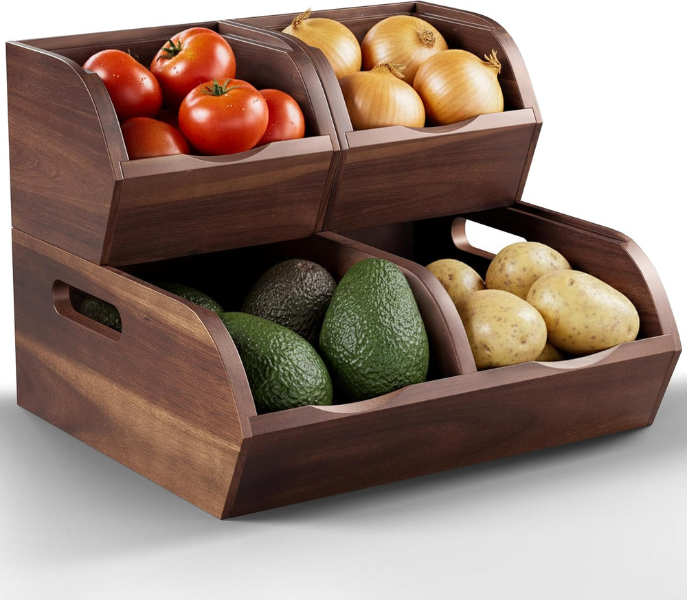 Acacia Wood Pantry Storage Bins - Stackable Open Front Kitchen Baskets