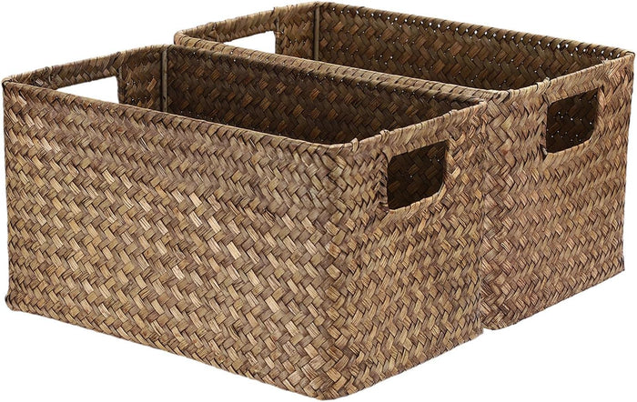 Hipiwe 2 Pack Natural Seagrass Basket with Handles Decorative Wicker Basket Bin Woven Baskets for Organizing Snacks Wicker Storage Baskets for Shelves,Closet,13" x 7.9" x 7.3"