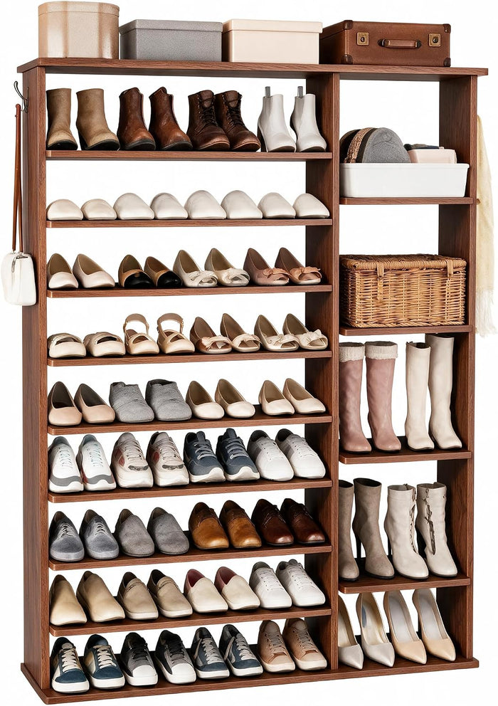 HOMEFORT 10 Tiers Shoe Rack, 50 Pairs Large Shoe Shelf, 61.8" Tall Shoe Tower, Freestanding Shoe Rack Organizer with Open Shelves, Wood Shoe Stand for Boot Storage, for Closet, Entryway, Walnut