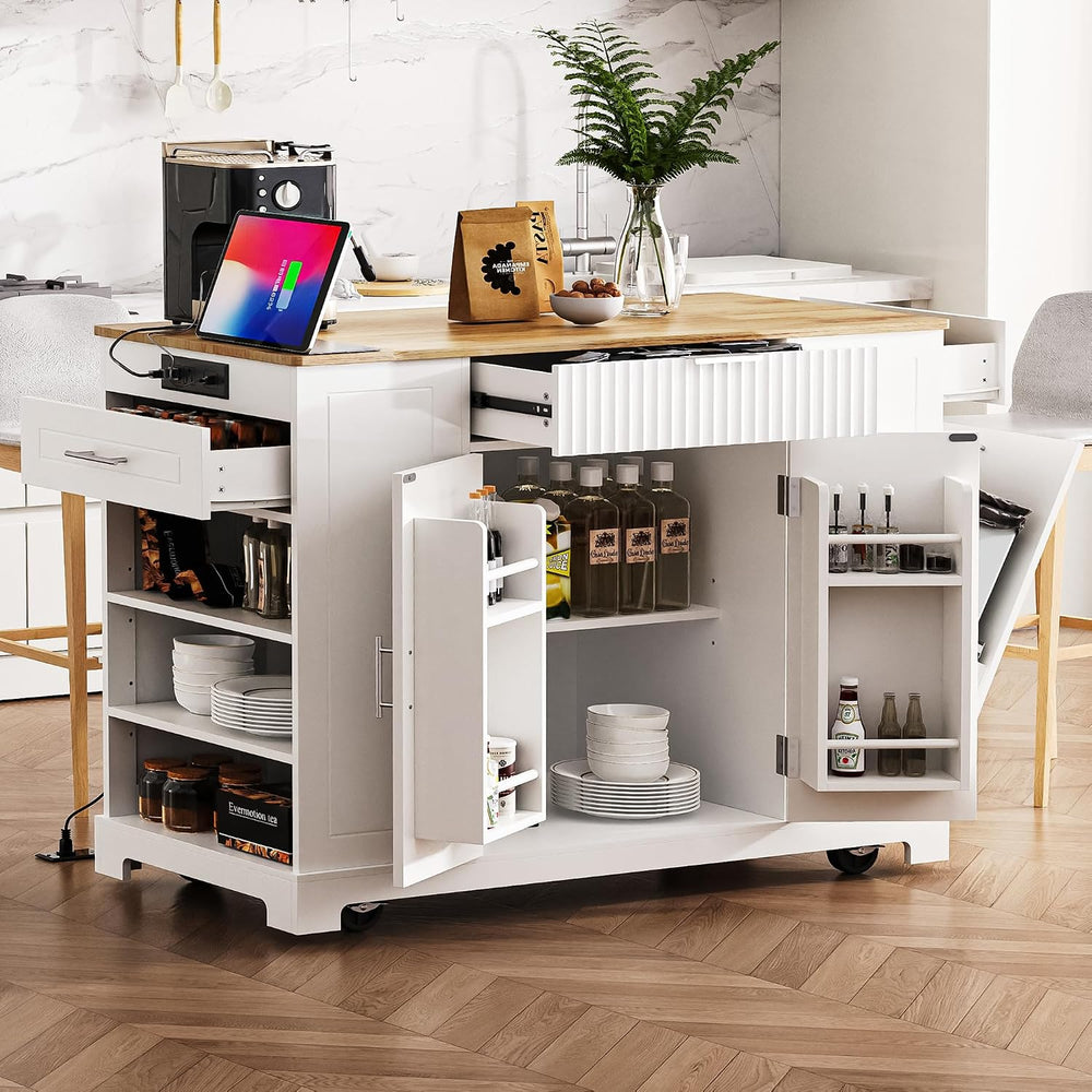 Merax Fluted Kitchen Island with Trash Can Storage Cabinet, Power Outlet, Int...