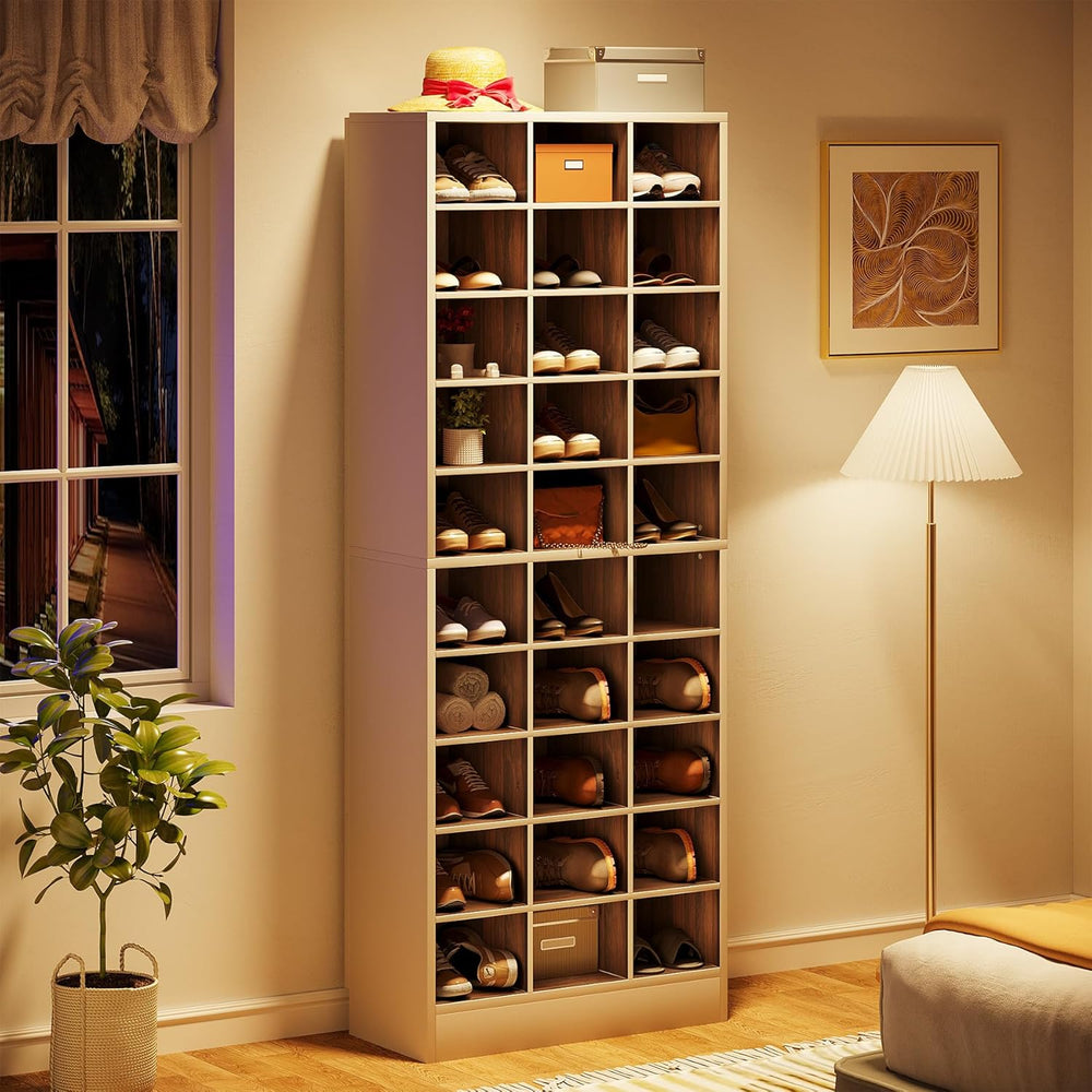 Tribesigns 10-Tier Shoe Storage Cabinet, White and Brown Wooden Shoe Rack wit...