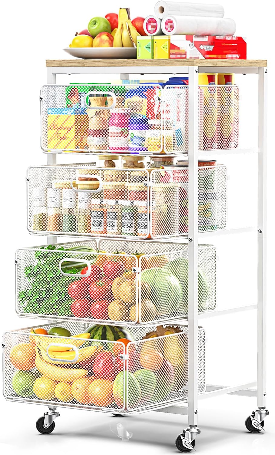 Kitchen Storage Cart with Drawers,Metal Snack Cart Organizer,White