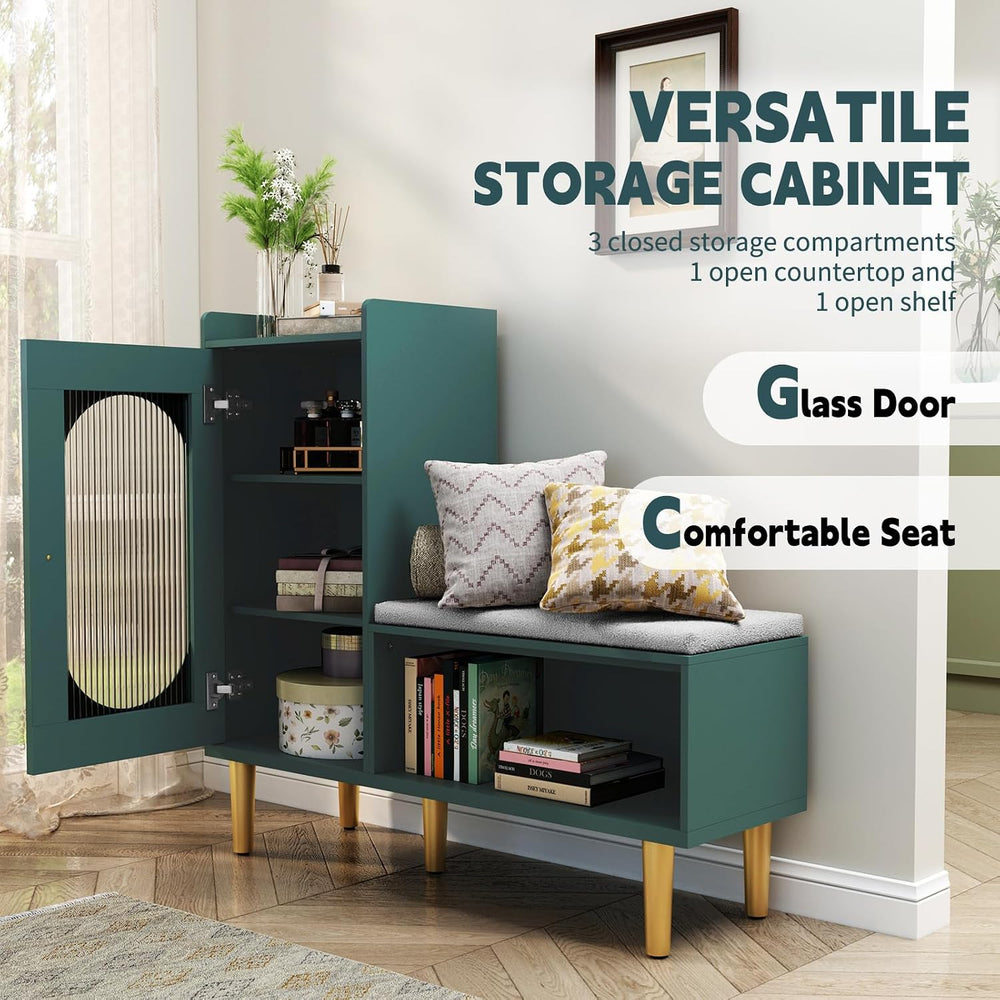 HLR Storage Bench Set of 2, Green Modern Entryway Shoe Cabinet Bench with Gla...