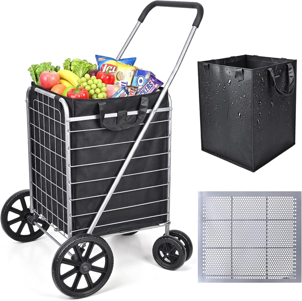 Folding Shopping Cart with Large Front Wheels, Grocery Cart with Waterproof L...