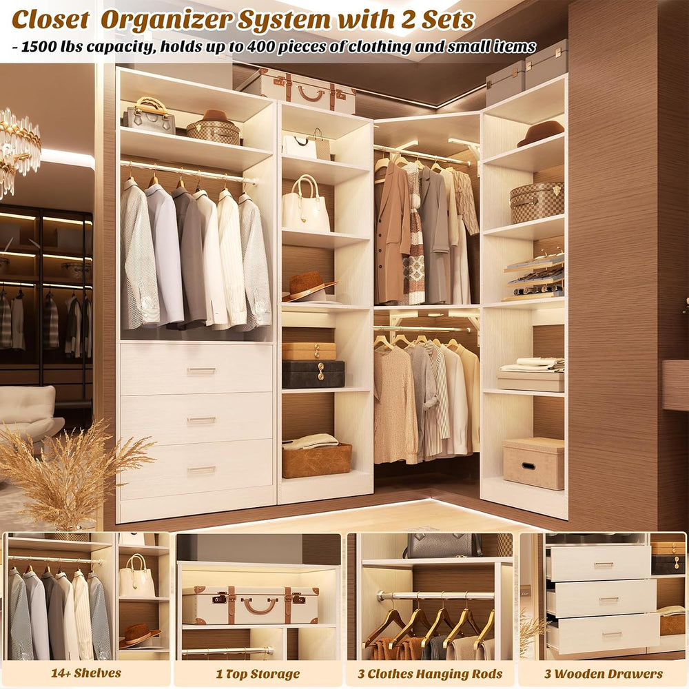 Besiost Corner Closet System with 3 Drawers, Corner Closet Organizer System