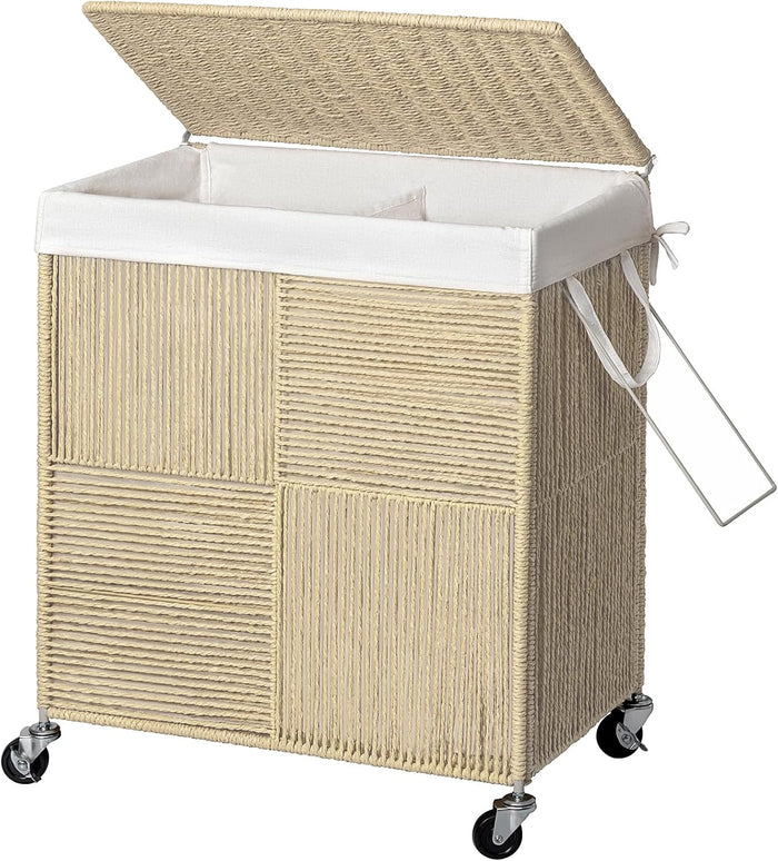 WOWLIVE Double Laundry Hamper with Wheels, Handwoven Rolling Laundry Basket