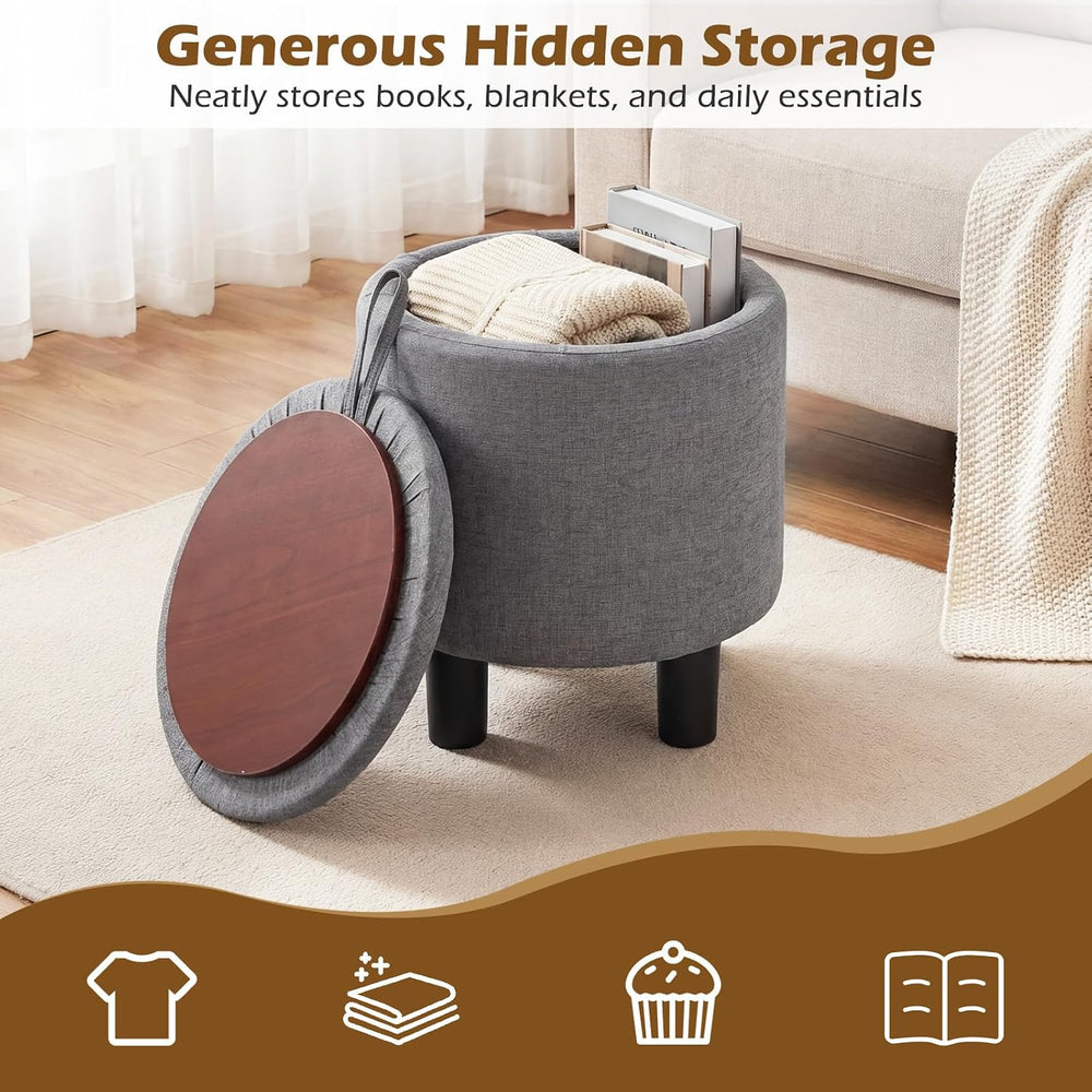 GIANTEX Linen Fabric Round Storage Ottoman with Removable Lid, Gray