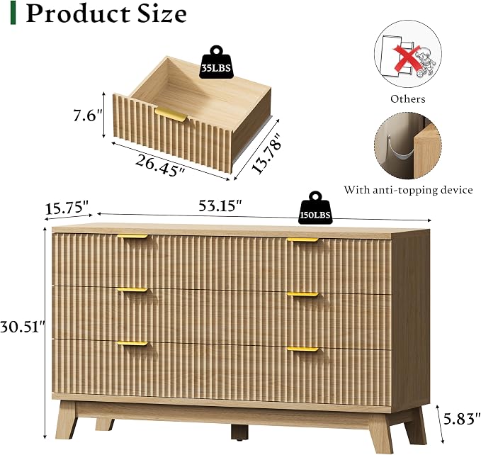 Fluted Dresser with 6 Drawers, Wooden Dresser TV Stand, Wood Closet Clothes