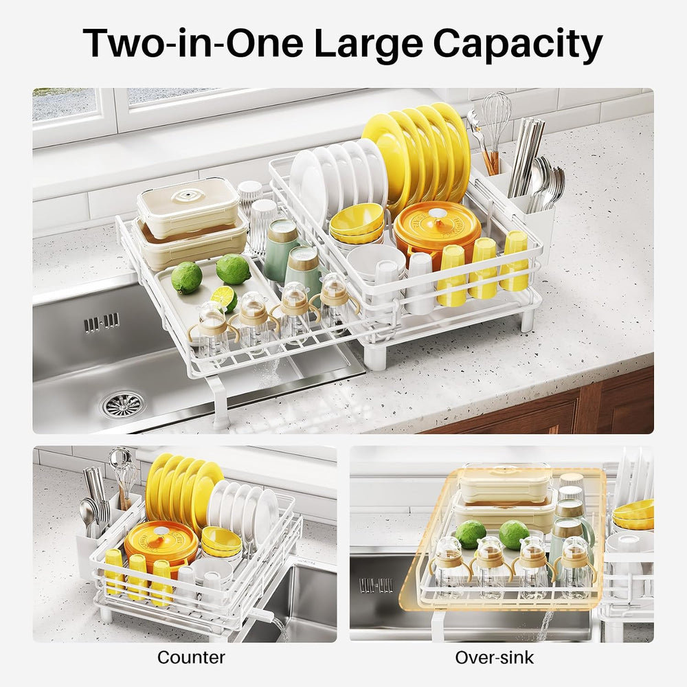 Expandable Dish Drying Rack for Kitchen Counter, Stainless Steel, White