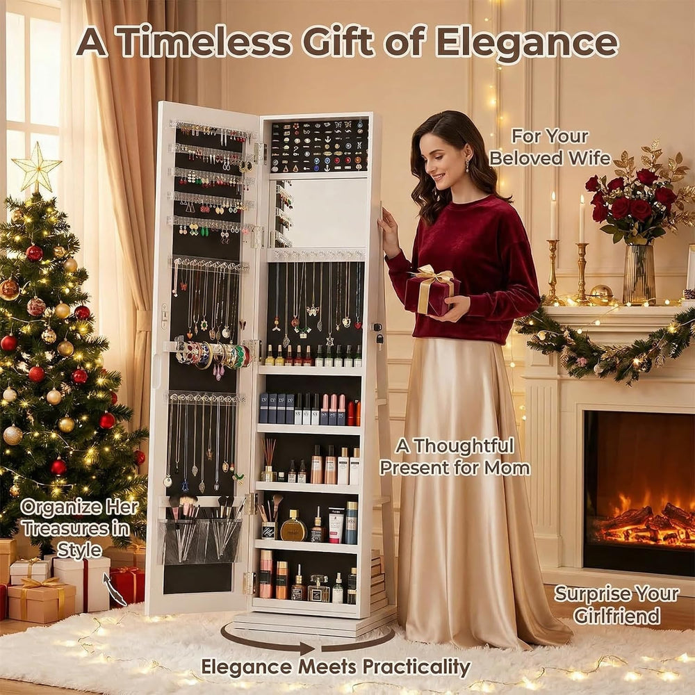 360° Swivel Jewelry Armoire with Full-Length Mirror, Lockable Standing Jewelr...