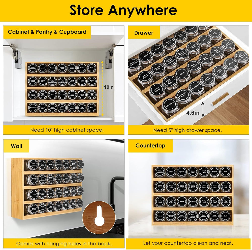 Bamboo Spice Rack Organizer With 28 Glass Spice Jars 4 oz, for Countertop