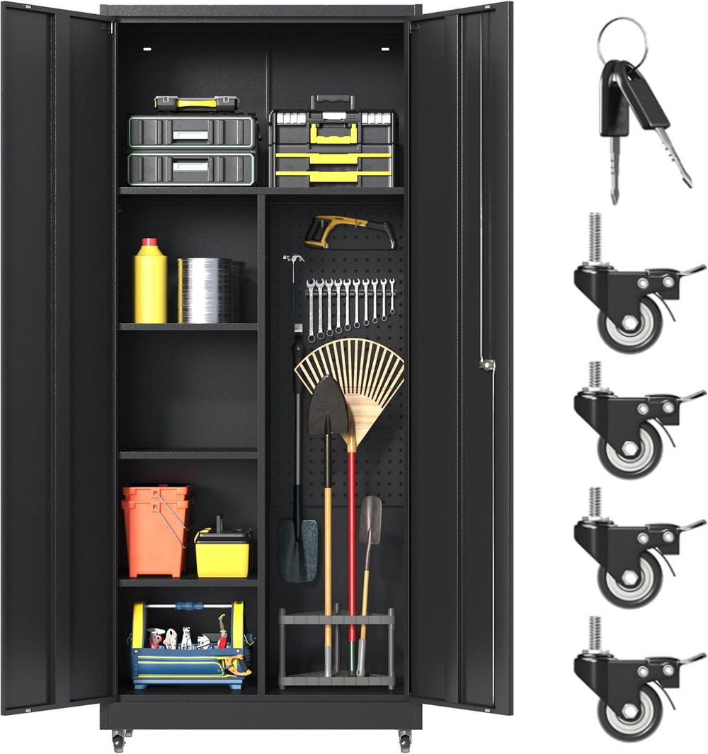 71''H Metal Garage Storage Cabinet with Wheels, Broom Cabinet with Lock