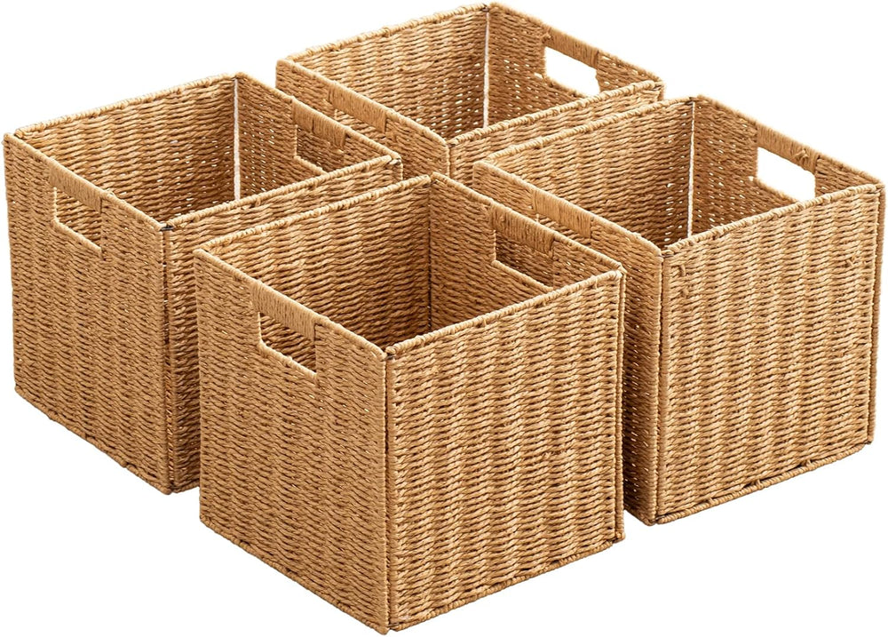 Foldable Storage Baskets with Handles Paper Rope Storage Baskets Rectangle Co...