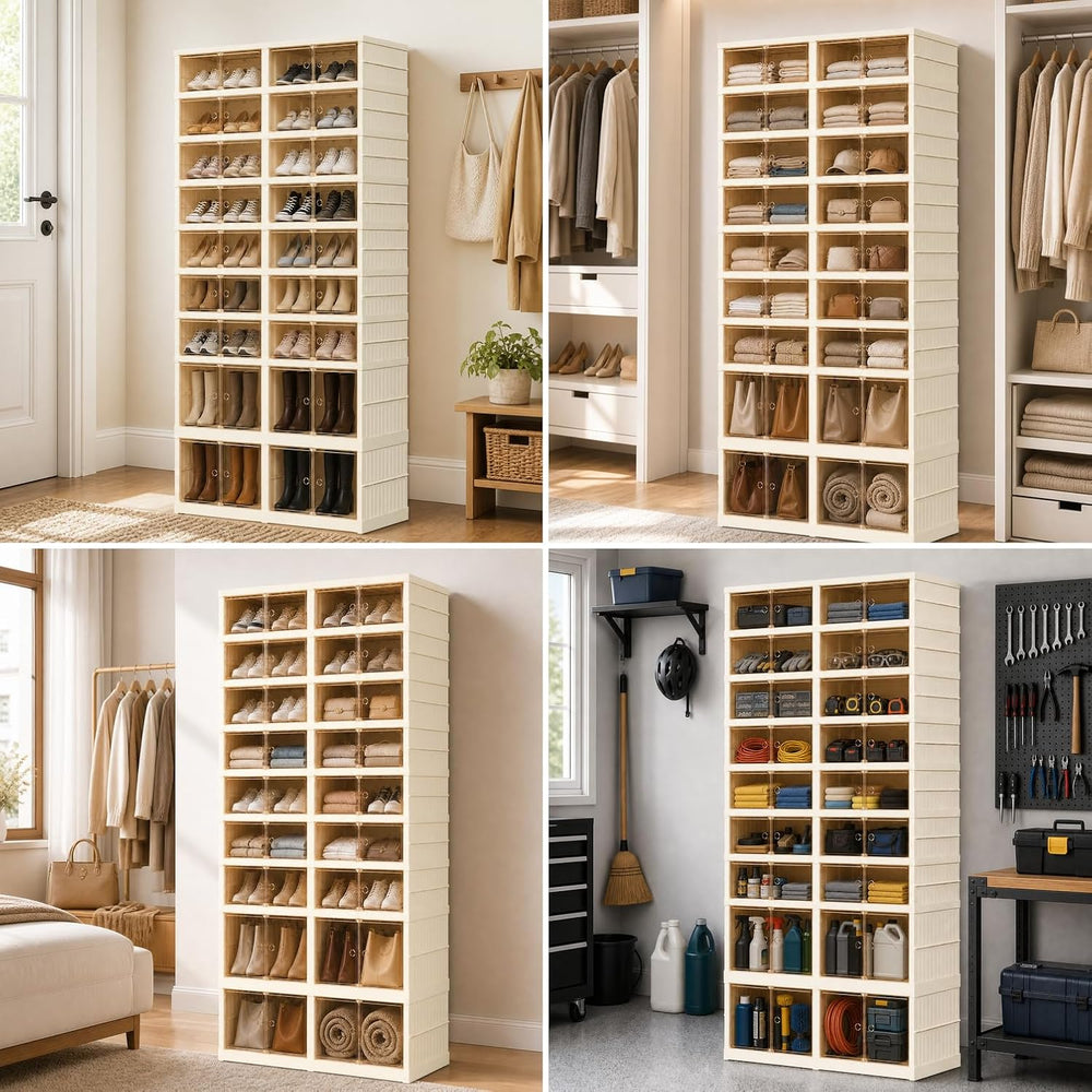Extra Wide Foldable Shoe Rack with Clear Doors, 9-Tier Shoe Organizer