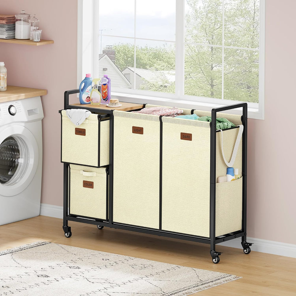 Hoctieon 4 Section Laundry Cart, 52.8 Gal. (200L) Laundry Hamper with Lid, La...