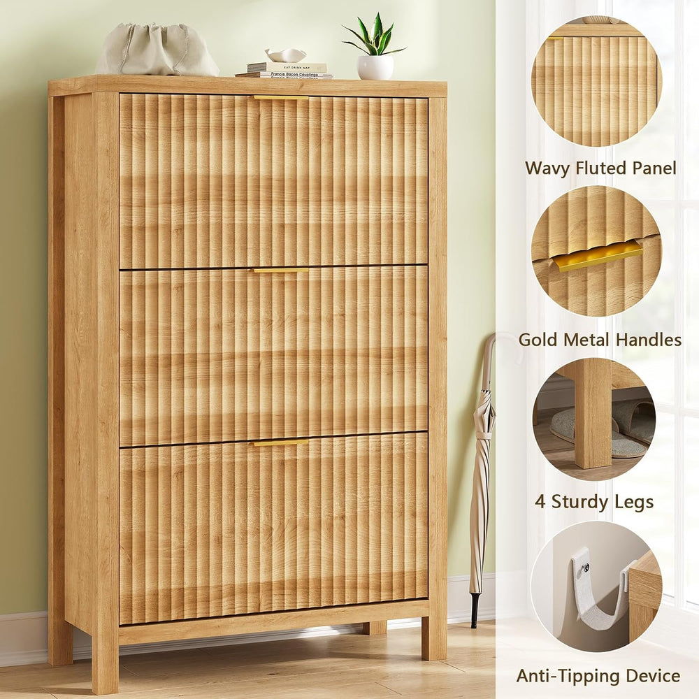 32" Fluted Shoe Cabinet Storage with 3 Flip Drawers for Entryway, Hallway