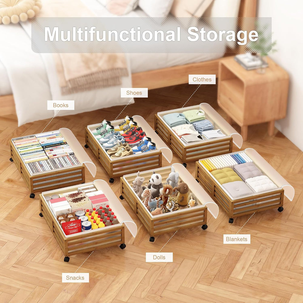 Under Bed Storage with Wheels-Large Bamboo Underbed storage Containers with L...