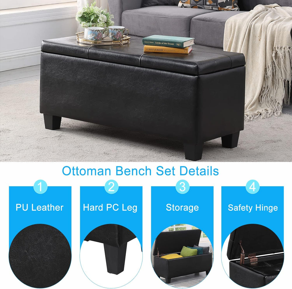 PU Leather Storage Ottomans Set of 3, Tufted Upholstered, Black