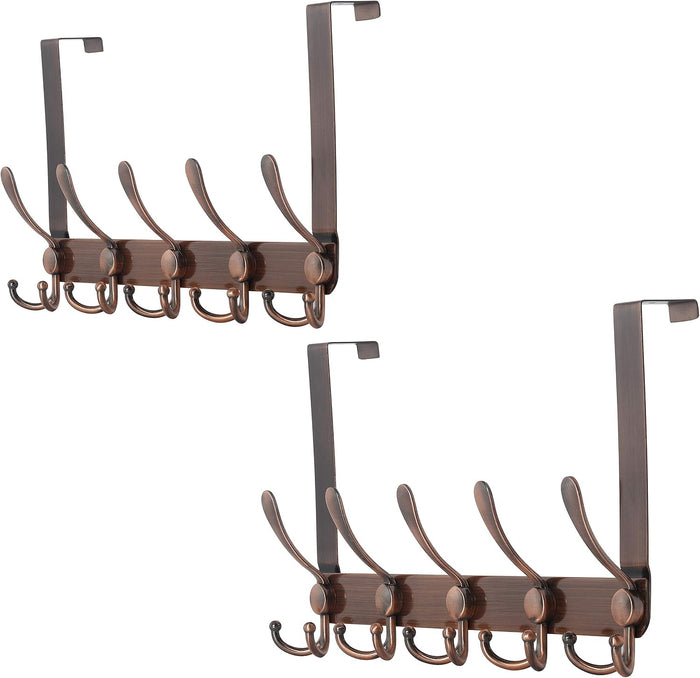 Dseap Over The Door Hook Hanger - Fits 1 3/8" to 1 3/4" Standard Doors | 5 Tri Hooks Heavy Duty Towel/Coat Rack | Door Organizer for Clothes, Jackets, Hats, Towels, Antique Copper, Pack of 2