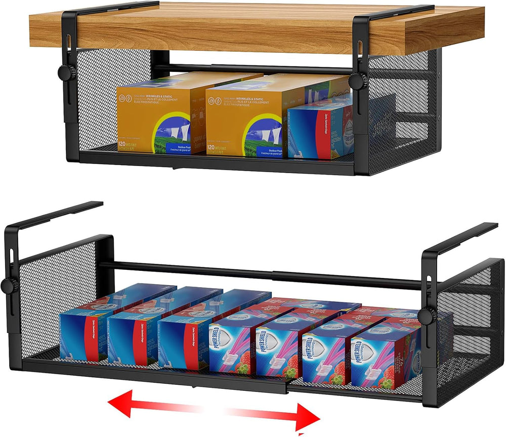 AmonHouseware 2Pack Expandable Under Shelf Storage Basket Organizer,Black