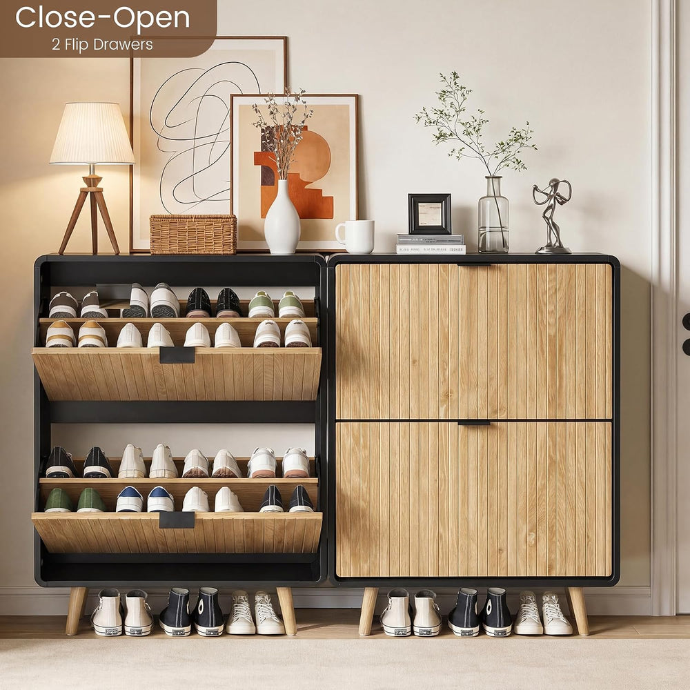 FurSch Fluted Shoe Storage Cabinet with 2 Flip Drawers, Narrow Shoe Rack Cabi...